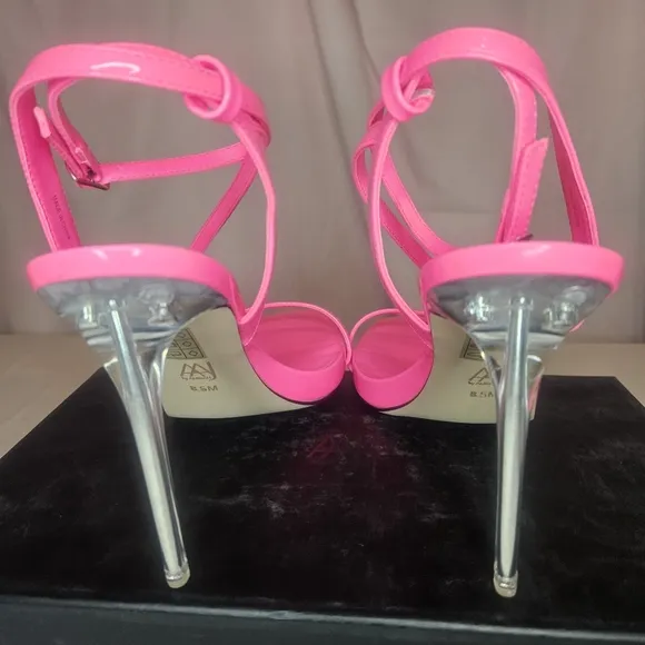 AAJ By Aminah Zayn Lucite Heel Asymmetrical Strap Dress Sandals - Neno Pink $150