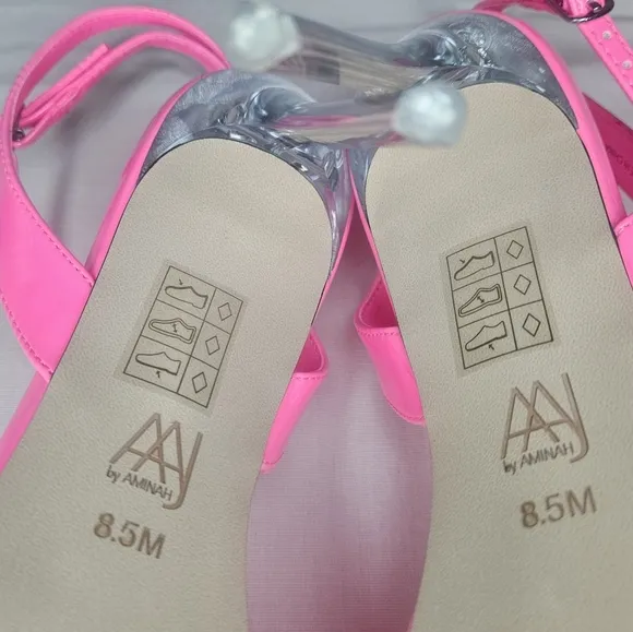AAJ By Aminah Zayn Lucite Heel Asymmetrical Strap Dress Sandals - Neno Pink $150