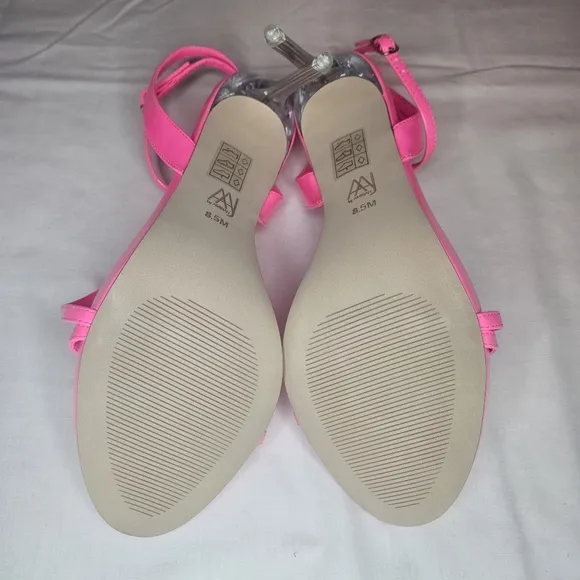 AAJ By Aminah Zayn Lucite Heel Asymmetrical Strap Dress Sandals - Neno Pink $150