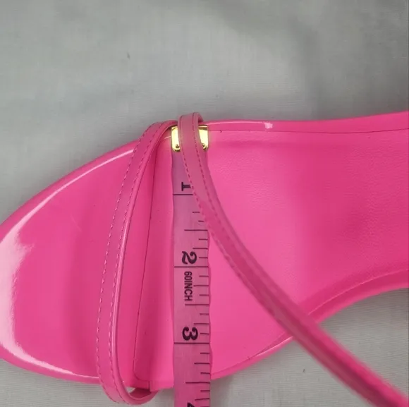 AAJ By Aminah Zayn Lucite Heel Asymmetrical Strap Dress Sandals - Neno Pink $150