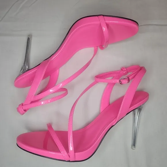 AAJ By Aminah Zayn Lucite Heel Asymmetrical Strap Dress Sandals - Neno Pink $150