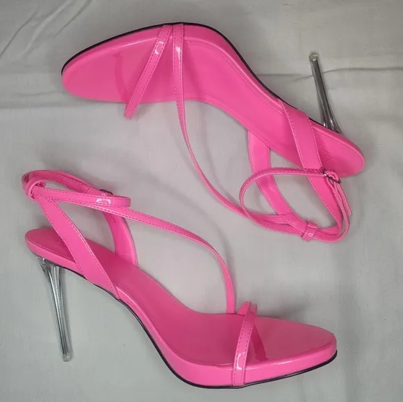 AAJ By Aminah Zayn Lucite Heel Asymmetrical Strap Dress Sandals - Neno Pink $150