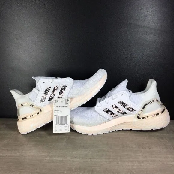 Adidas Ultraboost 20 Glam Pack White Pink Running Shoes FW5721 Women's Size 5.5