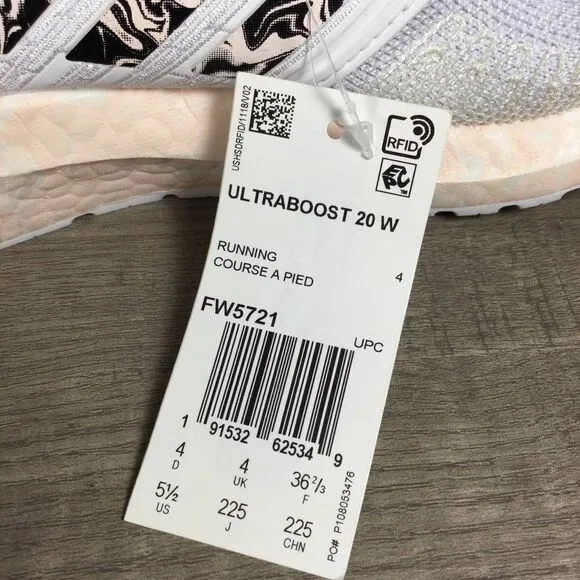 Adidas Ultraboost 20 Glam Pack White Pink Running Shoes FW5721 Women's Size 5.5