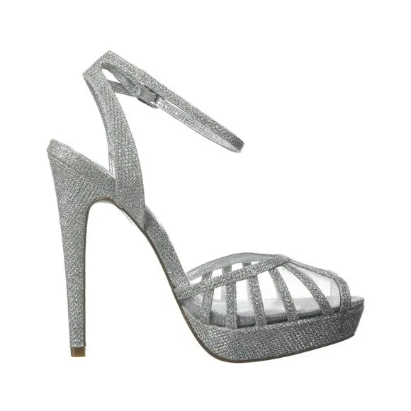 Adrianna Papell Shoes 7.5 Saida Silver Jimmy Net Pump 5” Stiletto Platform Heel