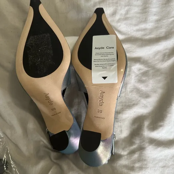 Aeyde Silver Sculptural Heels with Iridescent Finish