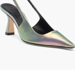 Aeyde Silver Sculptural Heels with Iridescent Finish