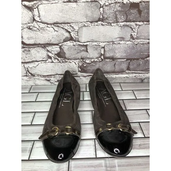 AGL Brown Suede Leather Cap Toe Strap Slip On Ballet Shoes Women Sz 38EU/7.5M US
