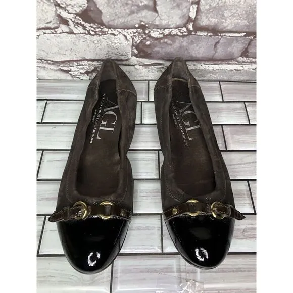 AGL Brown Suede Leather Cap Toe Strap Slip On Ballet Shoes Women Sz 38EU/7.5M US