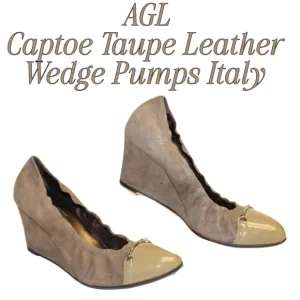 AGL Captoe Taupe Leather Wedge Pumps Italy Made Shoes 8