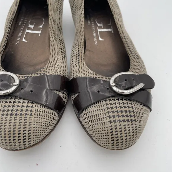 AGL Made in Italy Women's Gray Plaid Toe Buckle Wedge Heel Shoe Size 37.5 US 7