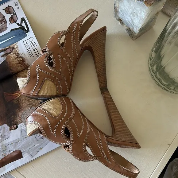 Alaia Paris boho brown leather platform Y2K peep toe slingback high heels 8