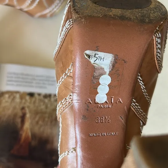 Alaia Paris boho brown leather platform Y2K peep toe slingback high heels 8