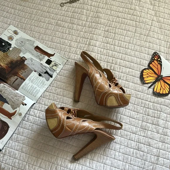 Alaia Paris boho brown leather platform Y2K peep toe slingback high heels 8