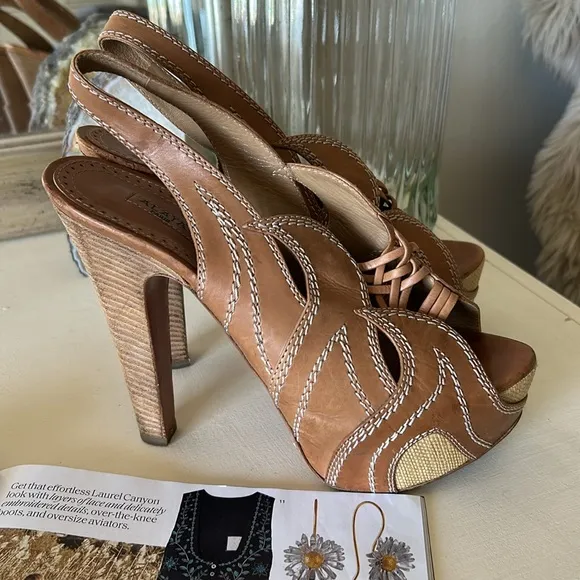Alaia Paris boho brown leather platform Y2K peep toe slingback high heels 8