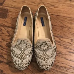 ALBERTO GUARDIANI AG Women Flats Suede Beige shoes 38 Studs Crystal Jewels