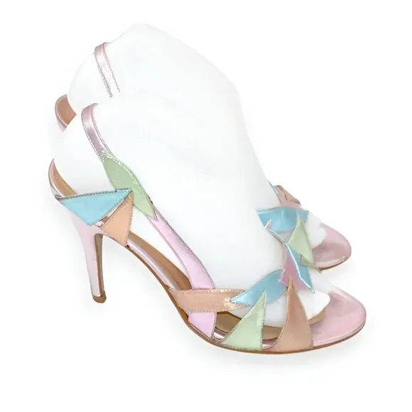 ALDO Pink Green Blue Shimmer Leather Slingback Sandals Kitten Heels Pumps 39 8.5