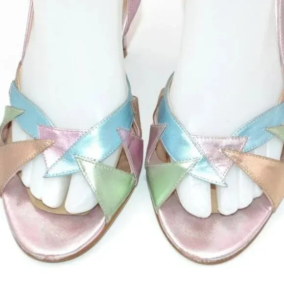 ALDO Pink Green Blue Shimmer Leather Slingback Sandals Kitten Heels Pumps 39 8.5
