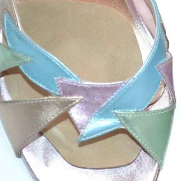 ALDO Pink Green Blue Shimmer Leather Slingback Sandals Kitten Heels Pumps 39 8.5