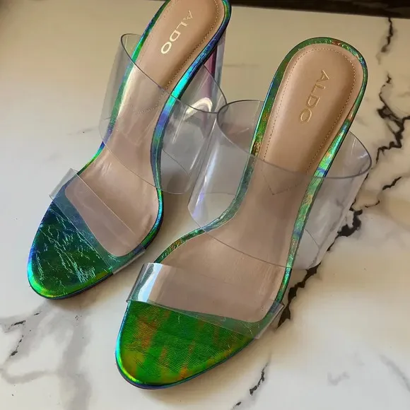 ALDO PVC Clear Double Strap Green Iridescent Mermaid Sandal Heels Size 8.5