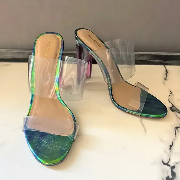 ALDO PVC Clear Double Strap Green Iridescent Mermaid Sandal Heels Size 8.5
