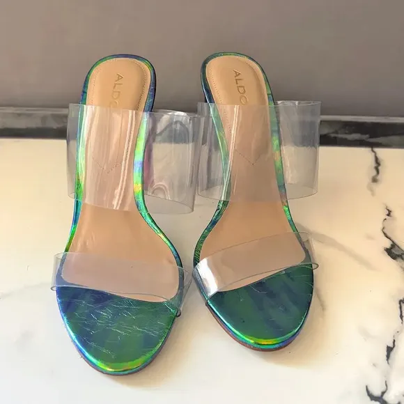 ALDO PVC Clear Double Strap Green Iridescent Mermaid Sandal Heels Size 8.5