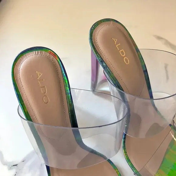 ALDO PVC Clear Double Strap Green Iridescent Mermaid Sandal Heels Size 8.5