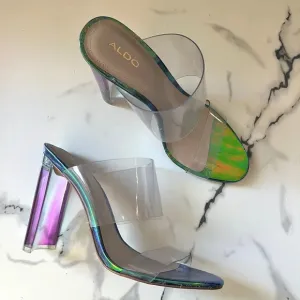 ALDO PVC Clear Double Strap Green Iridescent Mermaid Sandal Heels Size 8.5