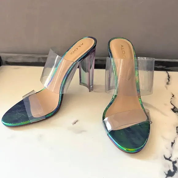 ALDO PVC Clear Double Strap Green Iridescent Mermaid Sandal Heels Size 8.5