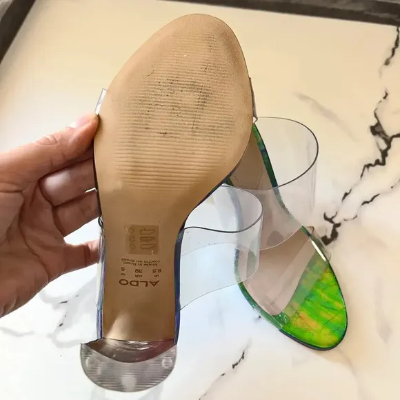 ALDO PVC Clear Double Strap Green Iridescent Mermaid Sandal Heels Size 8.5