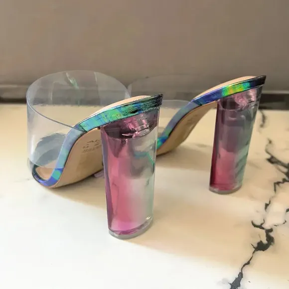 ALDO PVC Clear Double Strap Green Iridescent Mermaid Sandal Heels Size 8.5