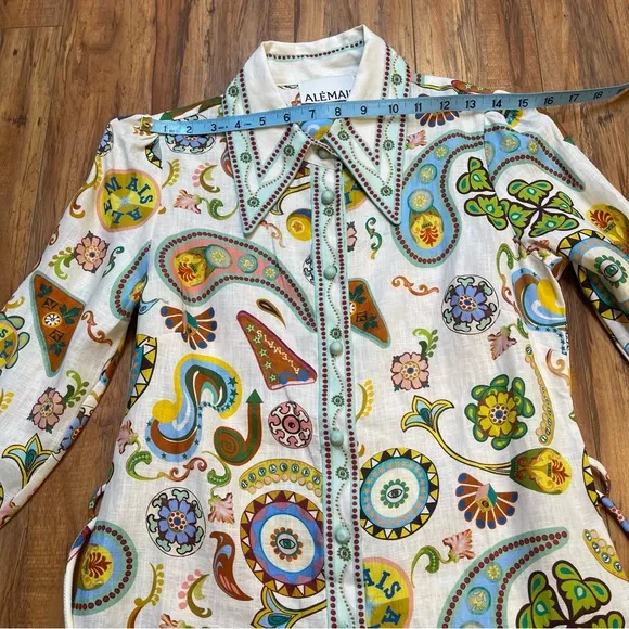 Alemais Arcade Linen Mini Bellsleeve Shirt Dress Size US 2