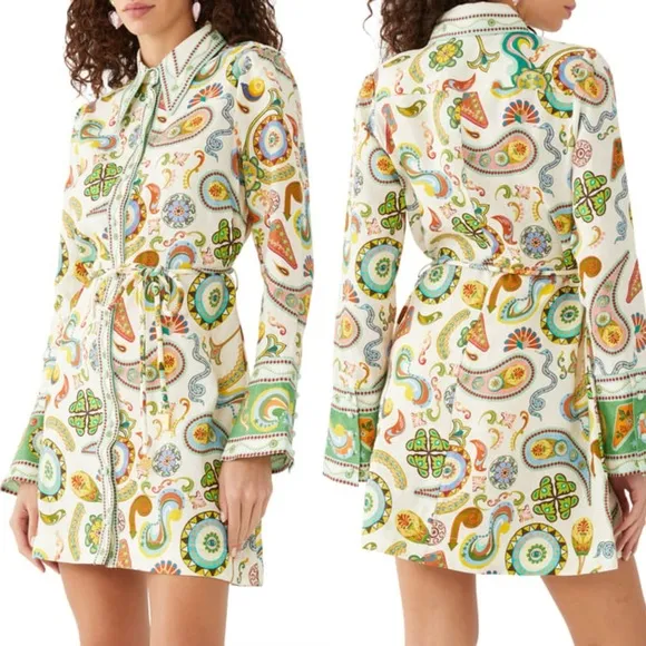 Alemais Arcade Linen Mini Bellsleeve Shirt Dress Size US 2