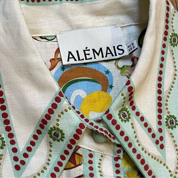 Alemais Arcade Linen Mini Bellsleeve Shirt Dress Size US 2
