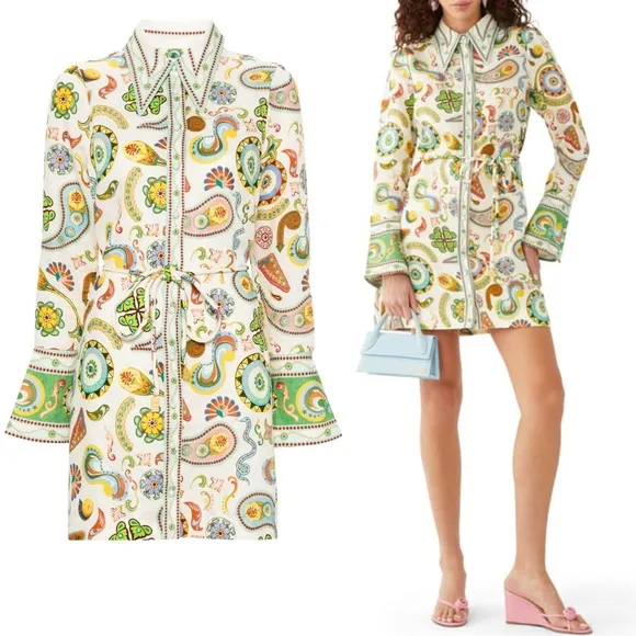 Alemais Arcade Linen Mini Bellsleeve Shirt Dress Size US 2
