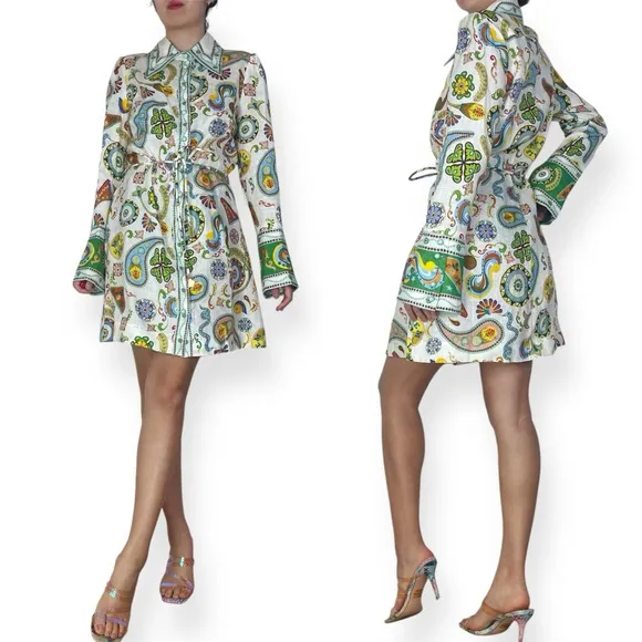 Alemais Arcade Linen Mini Bellsleeve Shirt Dress Size US 2