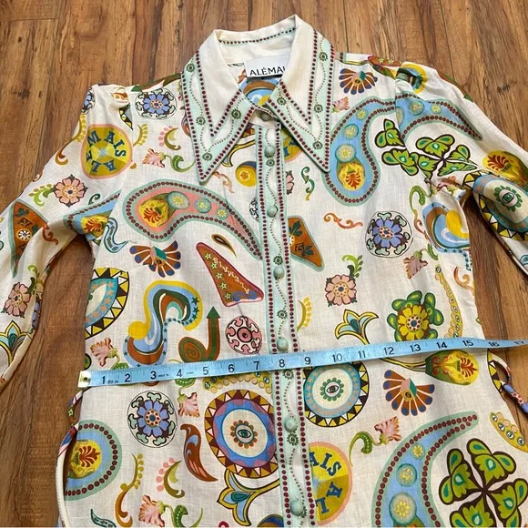 Alemais Arcade Linen Mini Bellsleeve Shirt Dress Size US 2