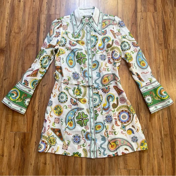 Alemais Arcade Linen Mini Bellsleeve Shirt Dress Size US 2