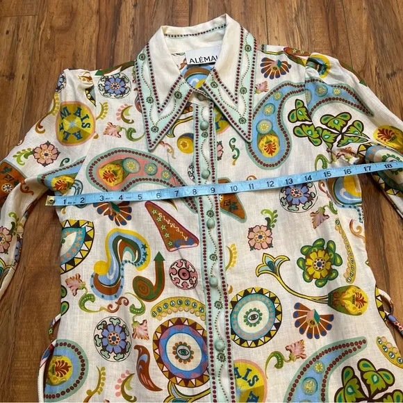 Alemais Arcade Linen Mini Bellsleeve Shirt Dress Size US 2