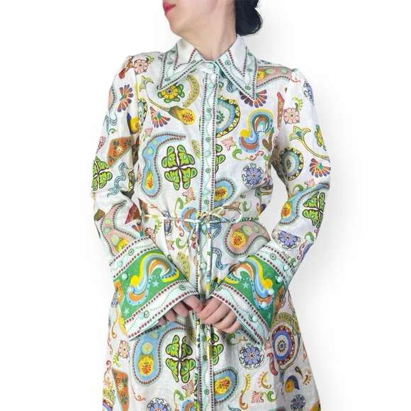 Alemais Arcade Linen Mini Bellsleeve Shirt Dress Size US 2