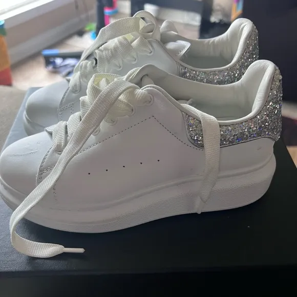 Alexander McQueen White and Silver Glitter Shoes! Worn a few times