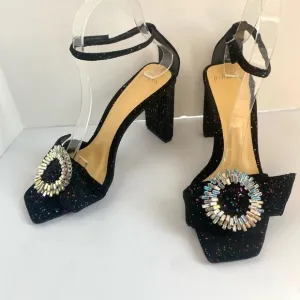 Alexandre Birman Madelina Sandals Black Suede Heels Crystals Sz 6.5 M (EU 37)