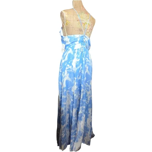 ALEXIA ADMOR Size 14 Blue White Apron Halterneck Open Back Tiered Maxi Dress NWT