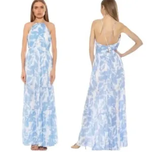 ALEXIA ADMOR Size 14 Blue White Apron Halterneck Open Back Tiered Maxi Dress NWT