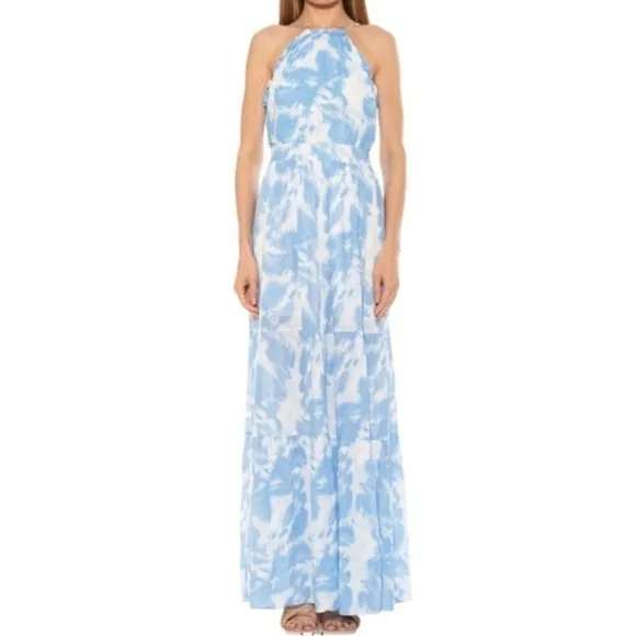 ALEXIA ADMOR Size 14 Blue White Apron Halterneck Open Back Tiered Maxi Dress NWT