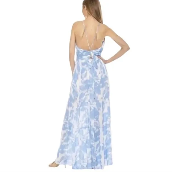 ALEXIA ADMOR Size 14 Blue White Apron Halterneck Open Back Tiered Maxi Dress NWT
