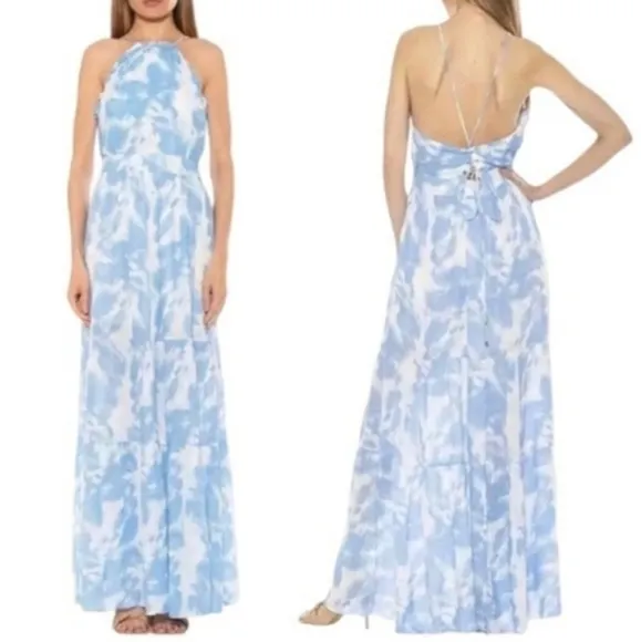 ALEXIA ADMOR Size 14 Blue White Apron Halterneck Open Back Tiered Maxi Dress NWT