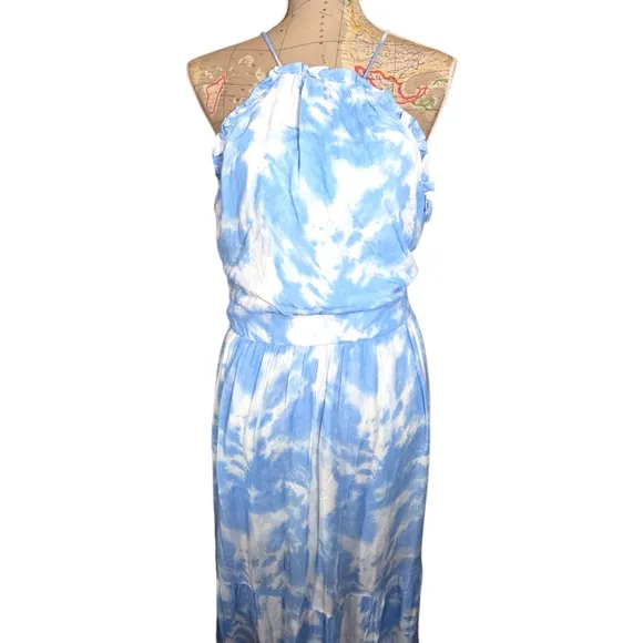ALEXIA ADMOR Size 14 Blue White Apron Halterneck Open Back Tiered Maxi Dress NWT