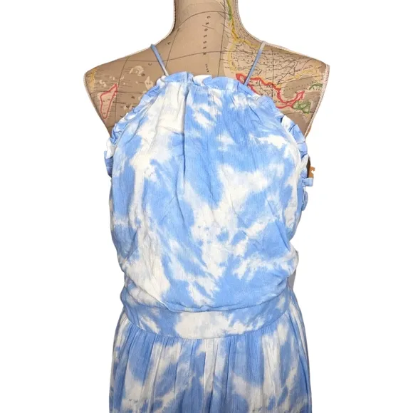 ALEXIA ADMOR Size 14 Blue White Apron Halterneck Open Back Tiered Maxi Dress NWT