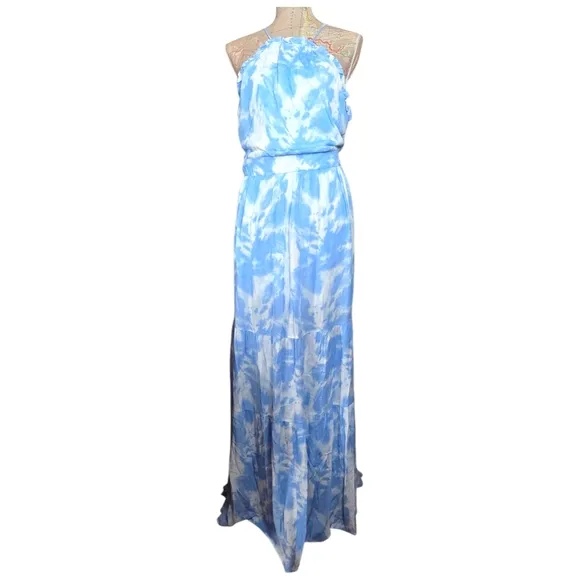 ALEXIA ADMOR Size 14 Blue White Apron Halterneck Open Back Tiered Maxi Dress NWT